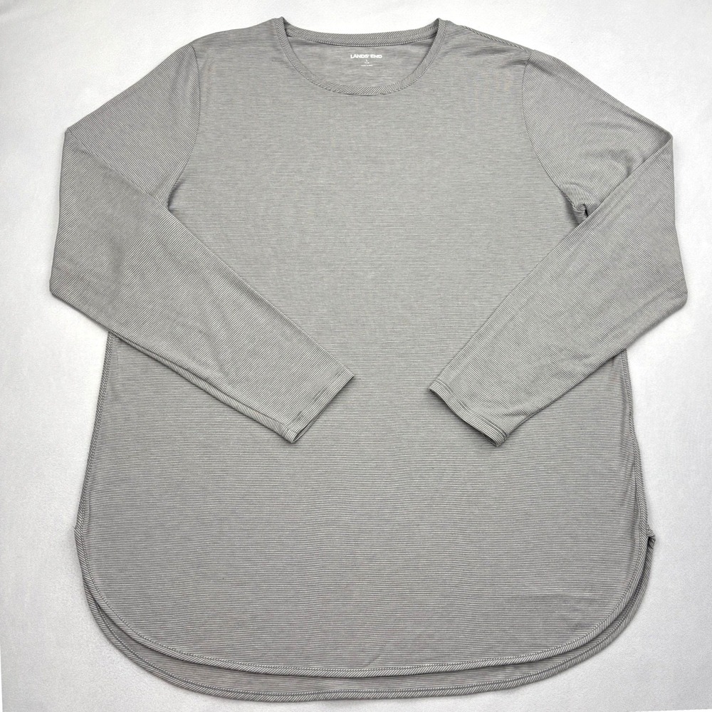 Lands End Striped Tunic Top Womens Large Gray White Long Sleeve Crew Neck Peru